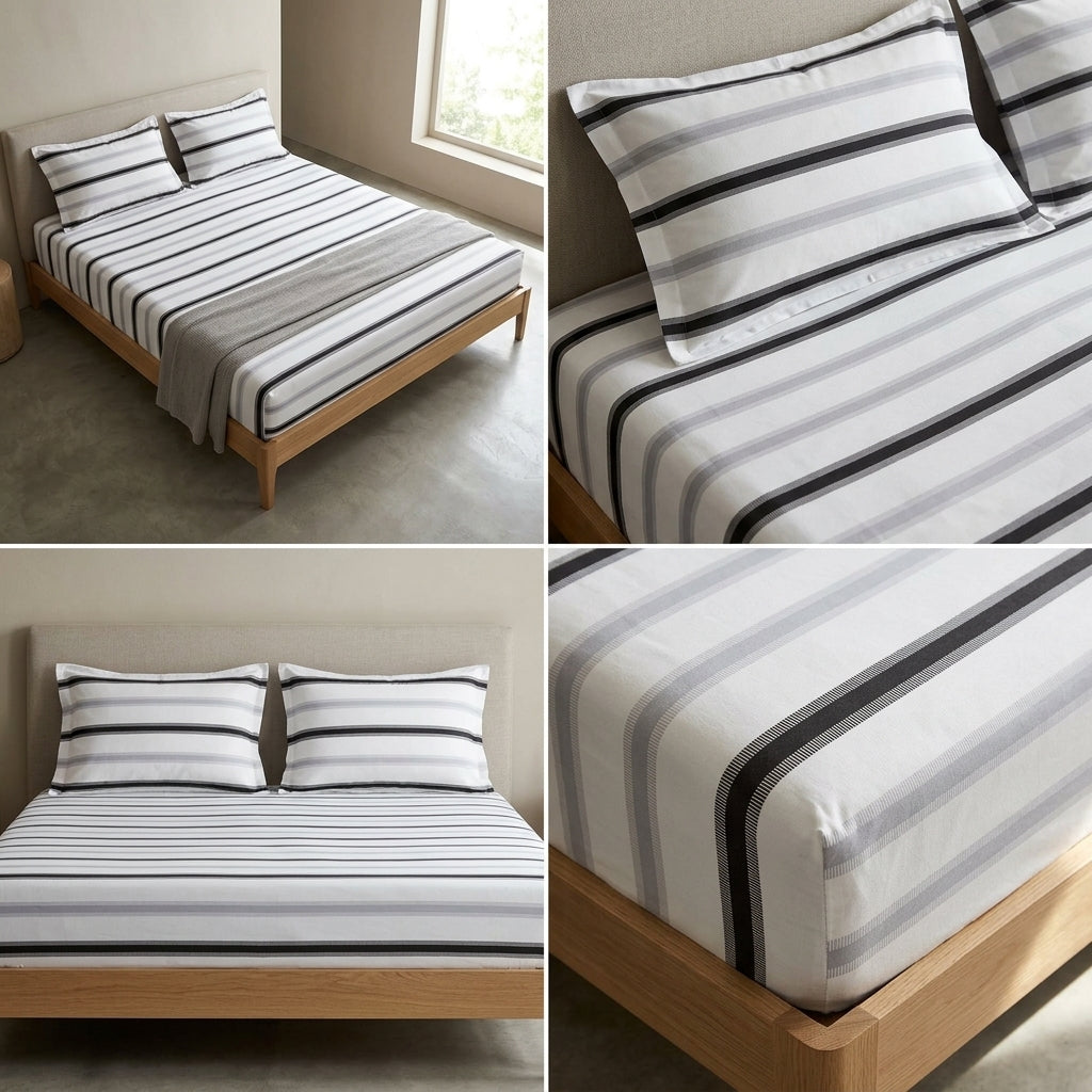 100% Pure Cotton Super King Size Bedsheet with 2 Pillow Covers – Premium Luxury Stripe Design (108 x 108 Inches)