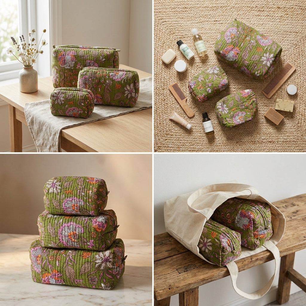 Multipurpose Quilted Cloth Pouch Organiser 3Pcs Set
