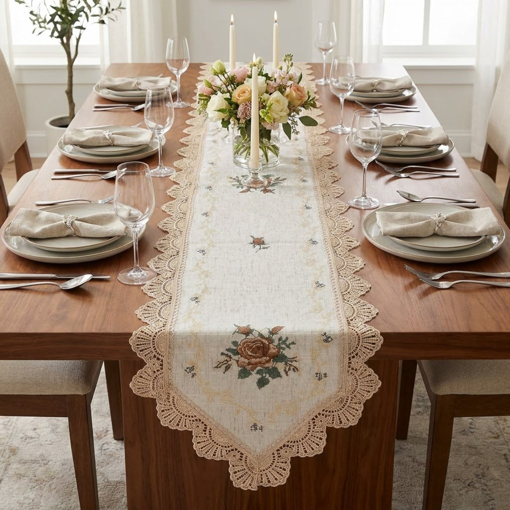 🌹 Premium Embroidered Table Runner | 6 Seater Runner